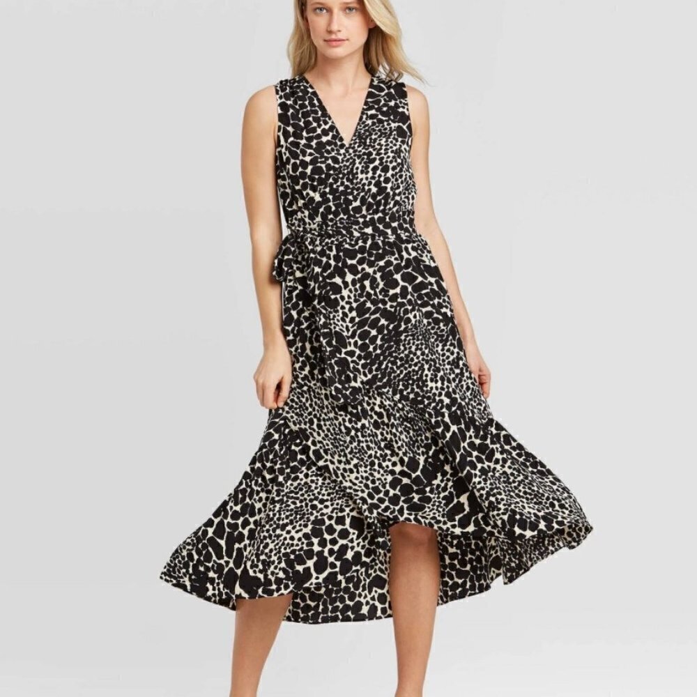 Who What Wear Black/Cream Animal Print Wrap Dress, Size Small